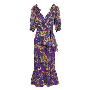 Saloni Purple Floral Olivia Silk Midi Dress Size 4